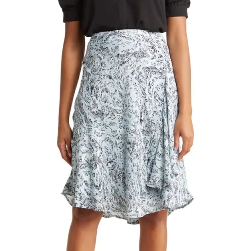 T Tahari flounce side ruffle flowy skirt sky blue black swirl chiffon new 12